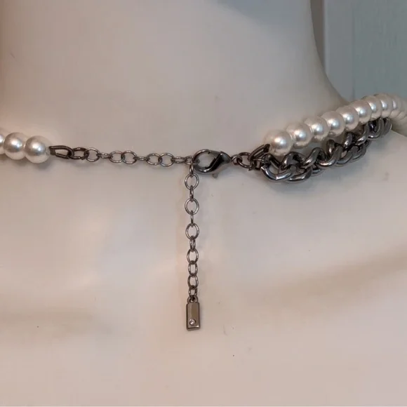 Edgy Pearl and Gunmetal Chain Fringe Sophisticated Bohemian Necklace